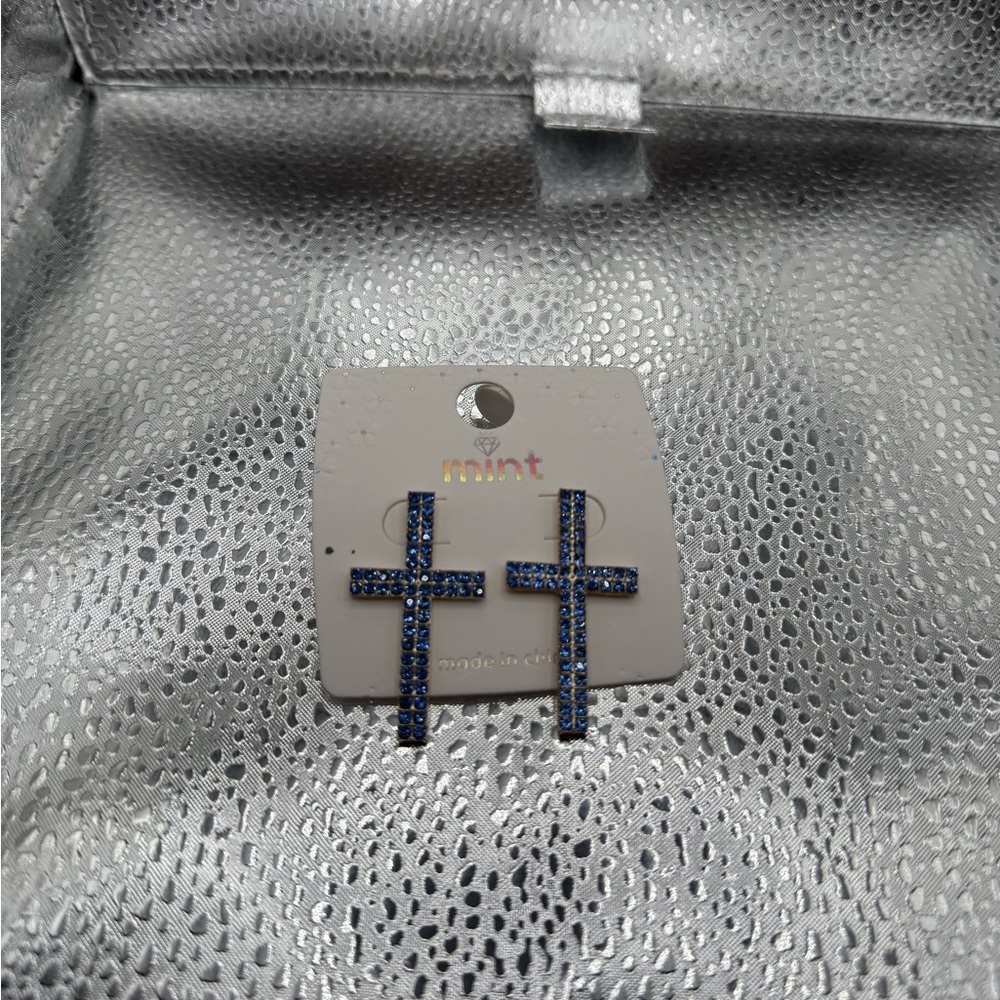 Mint Blue and Silver Cross Earrings